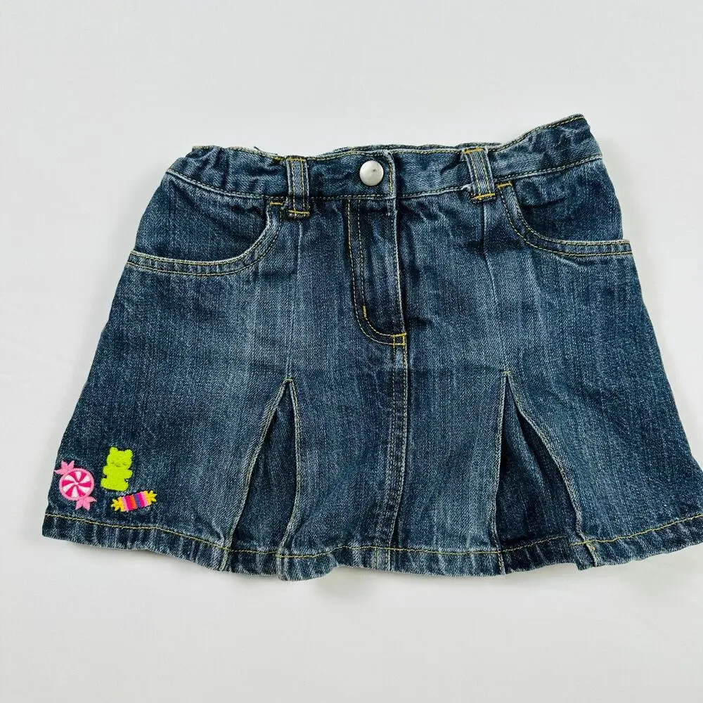 Y2K 2009 Gymboree Gummy Bear/Sweets/Candy Embroidered Denim Pleated Skort Sz 5